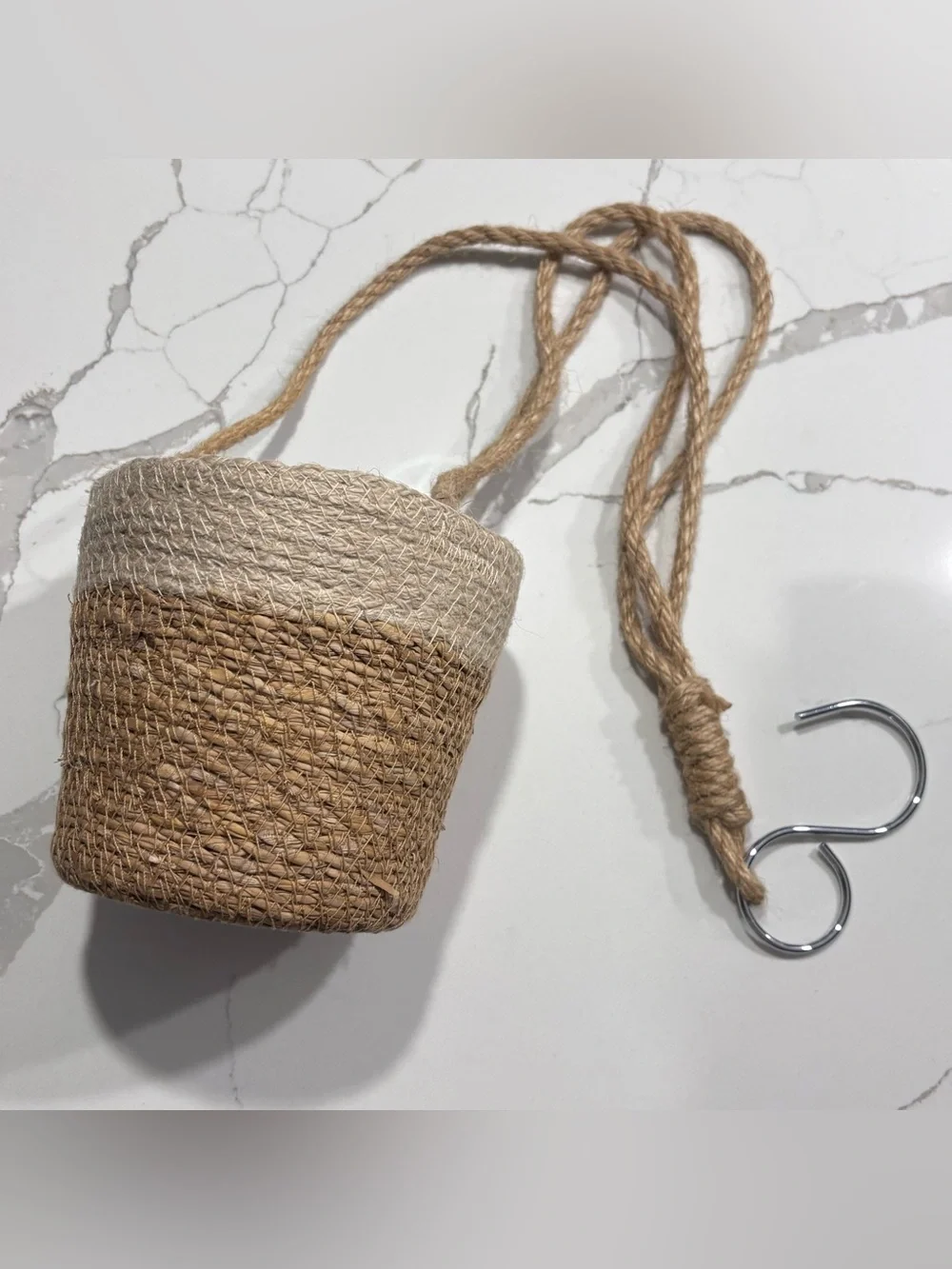 Two-Tone Woven 3-Rope Hanging Planter Natural Cream Jute Plastic lining 4” Home